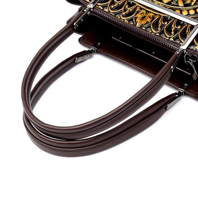 Sac À Main Femme Cuir PU Gaufré Artisanal — 3 Compartiments, Grande Capacité, Bandoulière
