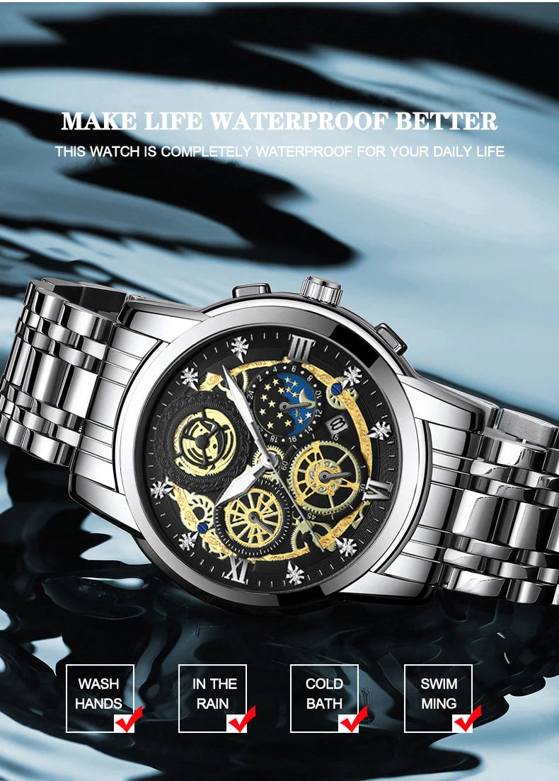 Montre Homme BINBOND Luxe Quartz — Acier Inoxydable, Lumineux, Étanche 30M, Business
