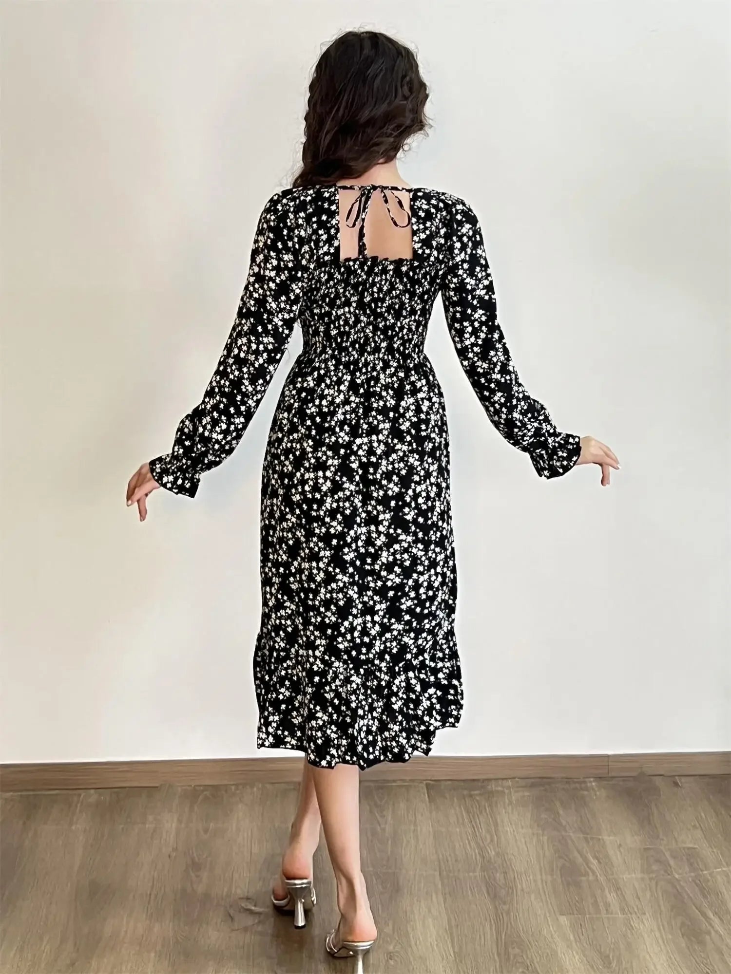 Robe Midi Femme Mousseline Manches Longues — Imprimé Floral Laçage