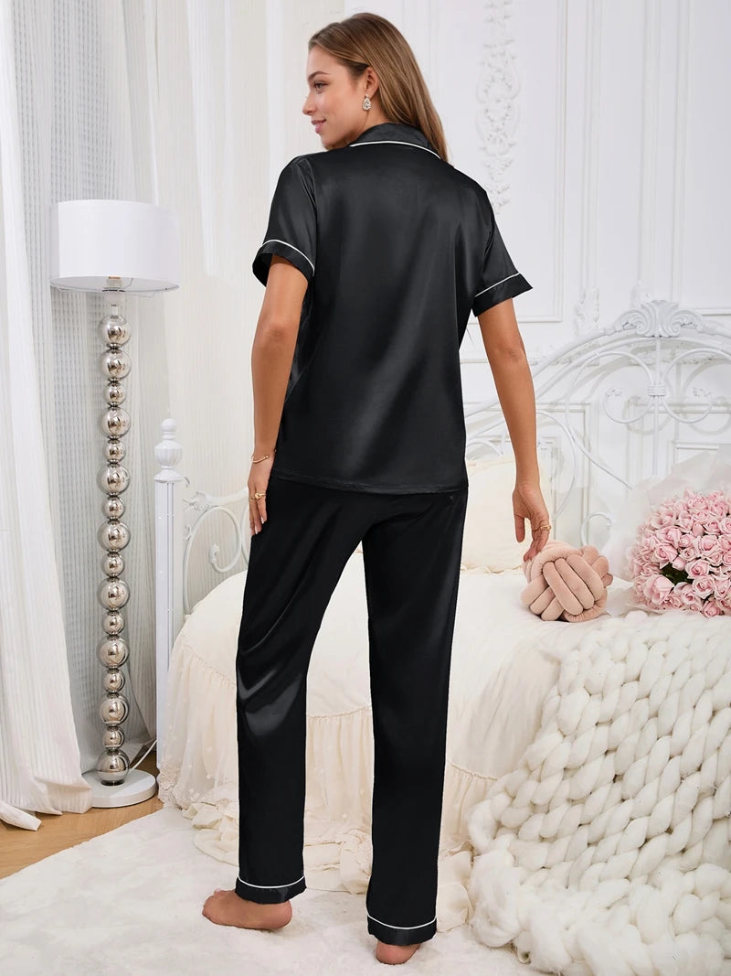 Pyjama Femme Satin Soyeux 2 Pièces Luxe — Haut Manches Courtes & Pantalon Long