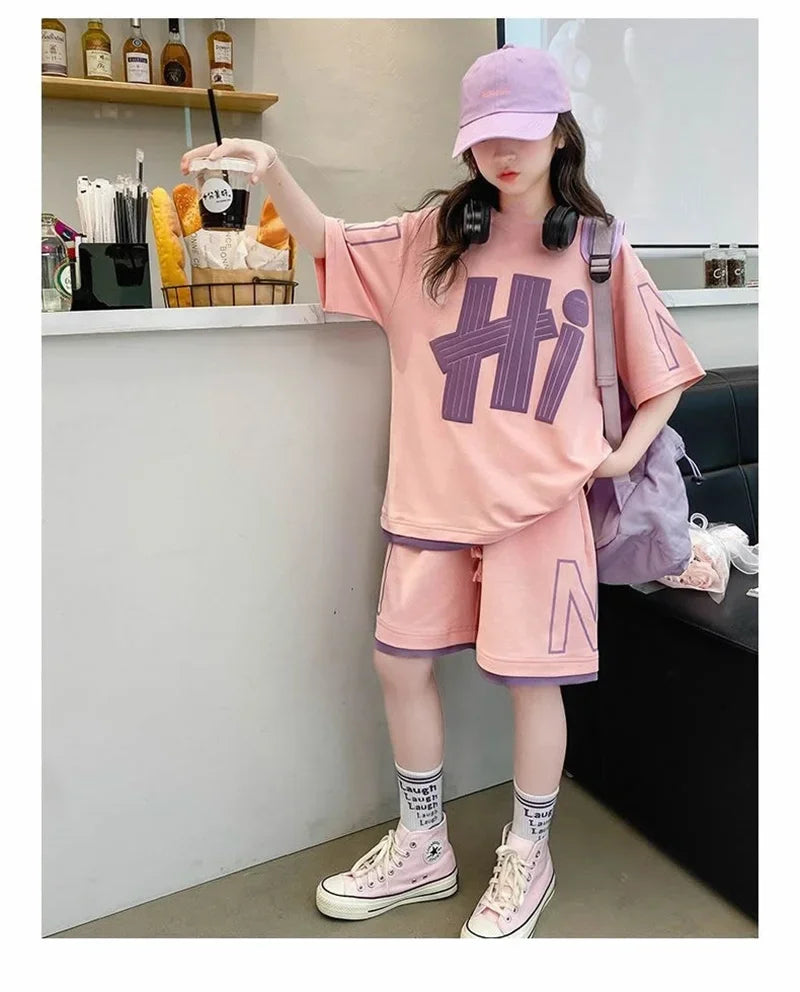 Ensemble 2 pièces filles – T-shirt manches courtes & short décontracté imprimé lettres, 5-14 ans