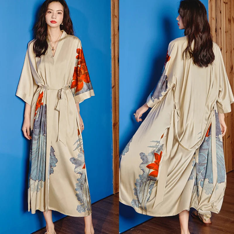 Robe de Chambre Femme Style Chinois Satin — Kimono Imprimé, Manches Mi-Longues, Lounge