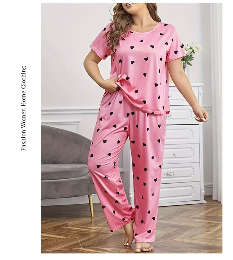 Pyjama Femme Grande Taille Imprimé Cœur — 2 Pièces Manches Courtes & Pantalon, Doux