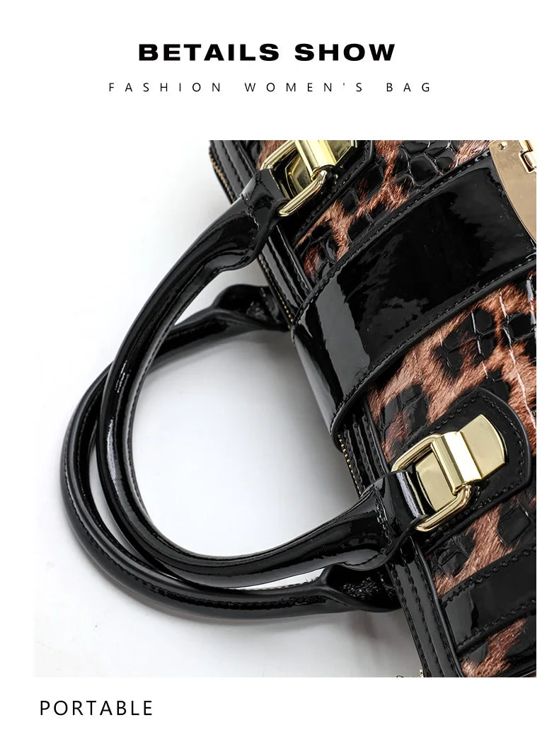 Sac Boston Femme Cuir Véritable Imprimé Léopard — Style Luxe Tendance