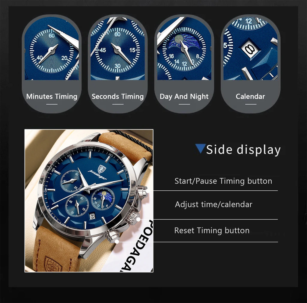 POEDAGAR Montre Homme Luxe Chronographe Cuir — Étanche, Lumineuse, Date, Sport Militaire
