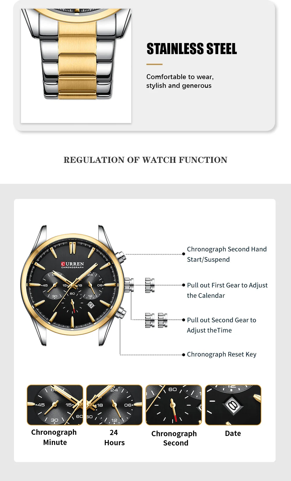 Montre Homme CURREN Multifonction Quartz — Date Automatique, Bracelet Acier Inoxydable