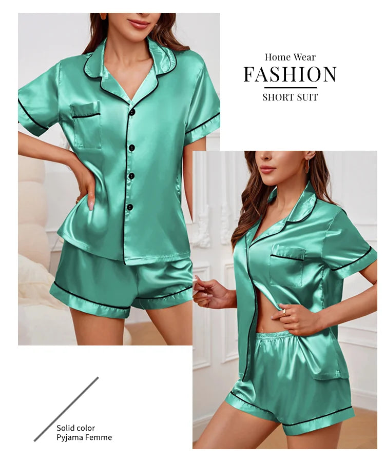 Pyjama Femme Satin Luxueux — 2 Pièces Manches Courtes, Col Chemise, Été