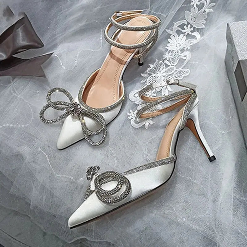 Escarpins Glitter Strass Noeud Soie Talon Fin — Bout Pointu, Boucle, Soirée Prom 2025