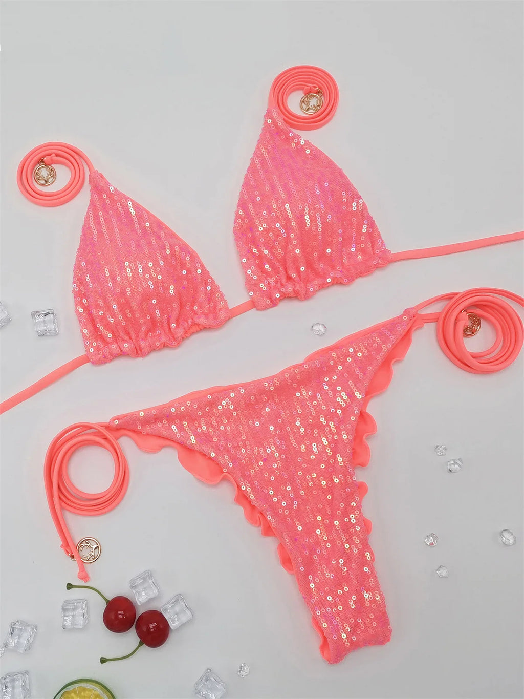 Bikini Paillettes Halter Sexy — Sequins Brillants, Maillot de Bain Femme Plage