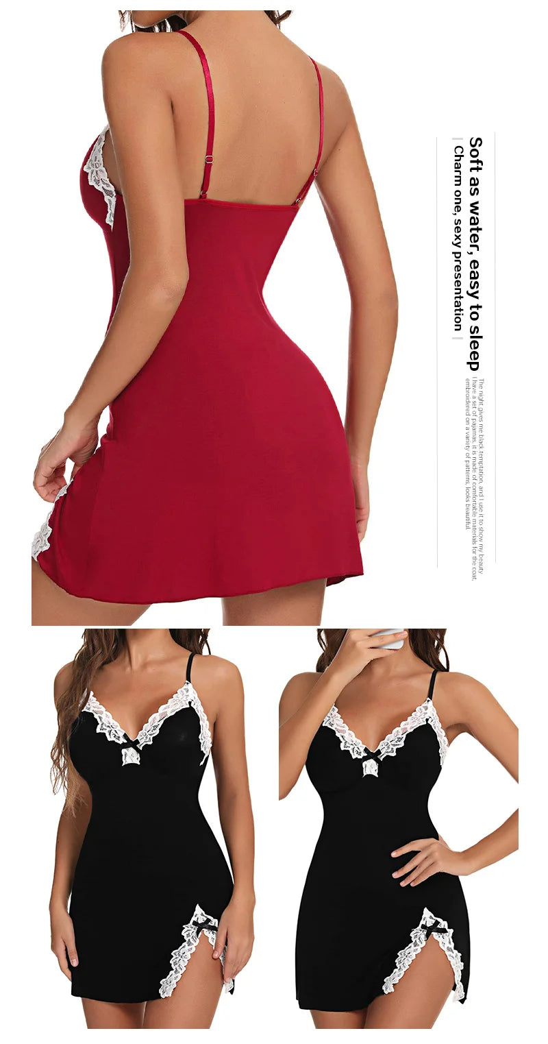 Nuisette Femme Soie Satin Sexy — Sans Manches, Col V, Fente, Lingerie Été
