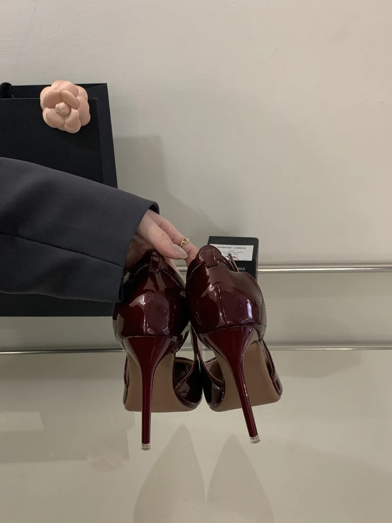 Escarpins Bordeaux Talon Aiguille 11cm — Cuir Verni Noir, Stiletto Chic, Soirée