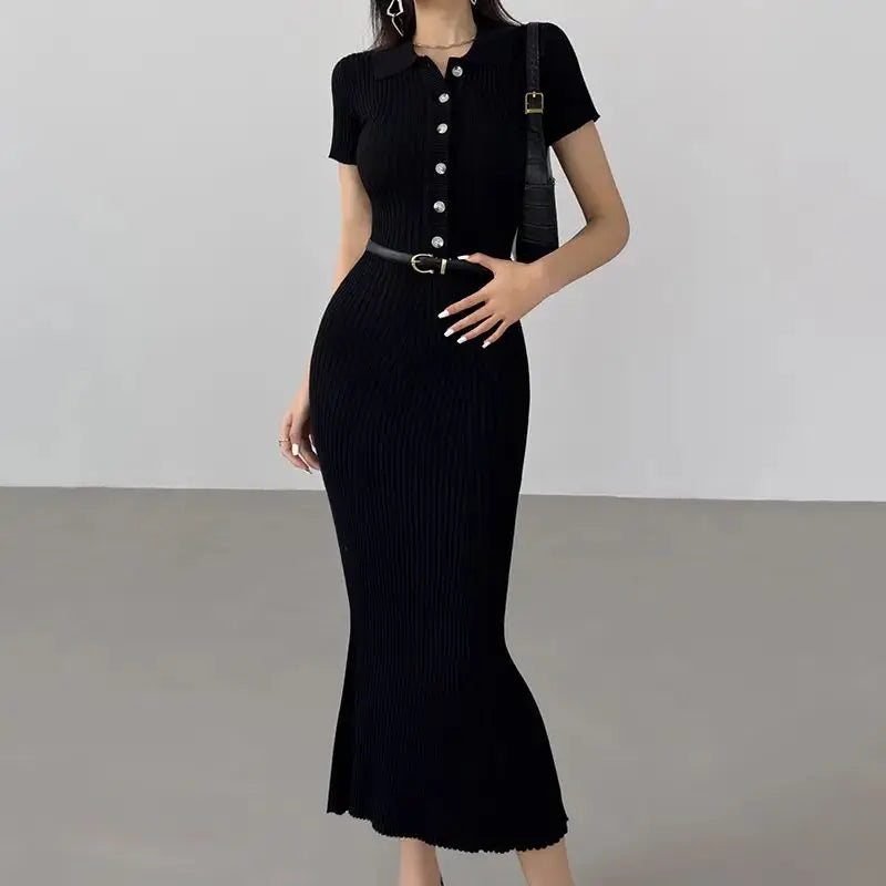 OCEANLOVE Robe Longue Tricotée Sirène Volantée — Boutons, Sexy, Printemps Été