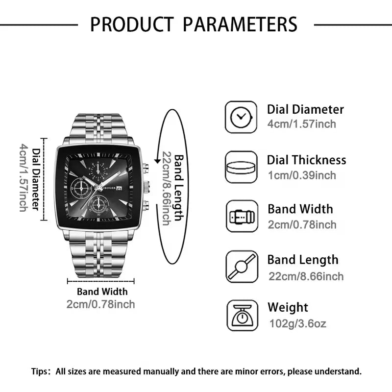 Montre Homme Luxe Carrée Quartz — Acier Inoxydable, Calendrier, Business (Sans Boîte)