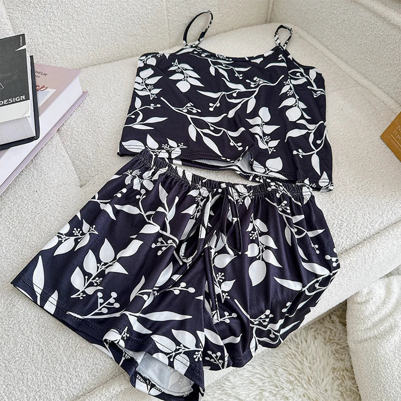 Pyjama Femme Sexy Satin Soie Glacée — Top Col Rond & Short, Imprimé, Respirant