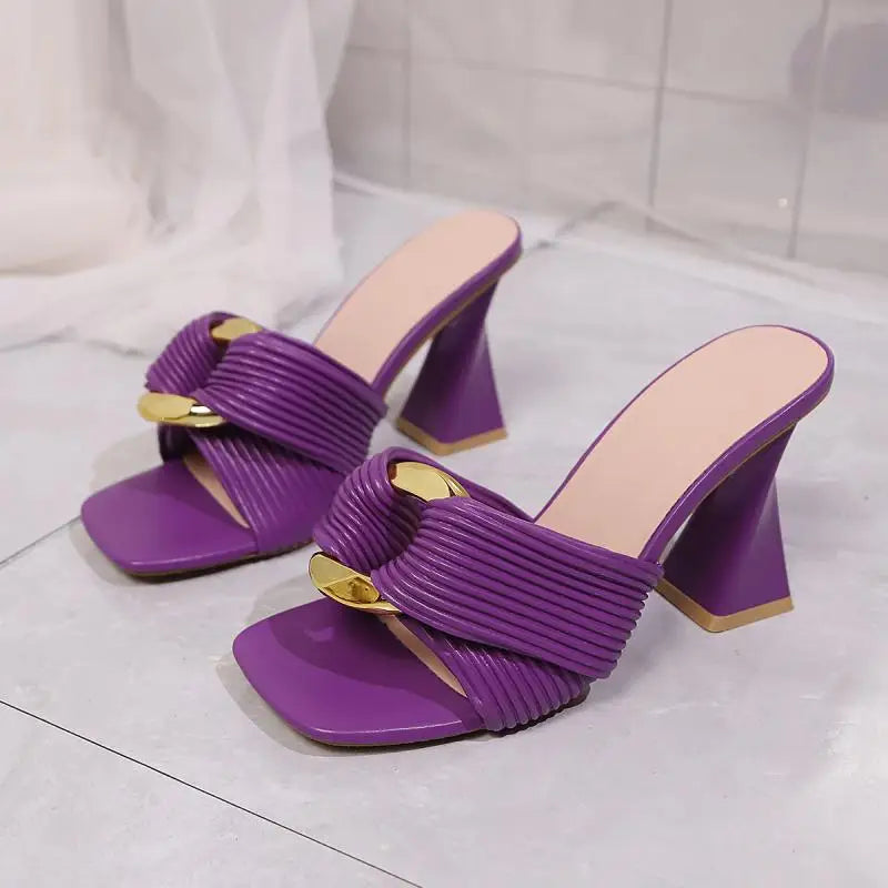 Sandales Femme Talon Épais Boucle Métal 2026 — Mules Luxe Violet, Designer Soirée