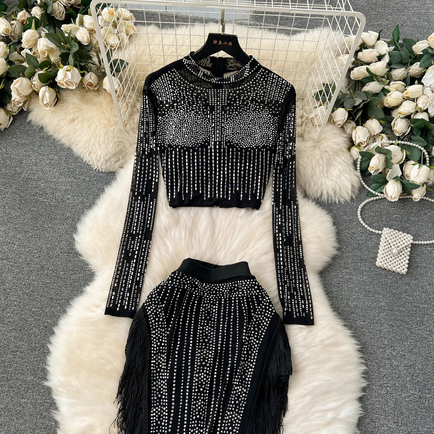 Ensemble Femme Manches Longues Sequins & Franges — Jupe Longue Tendance 2024