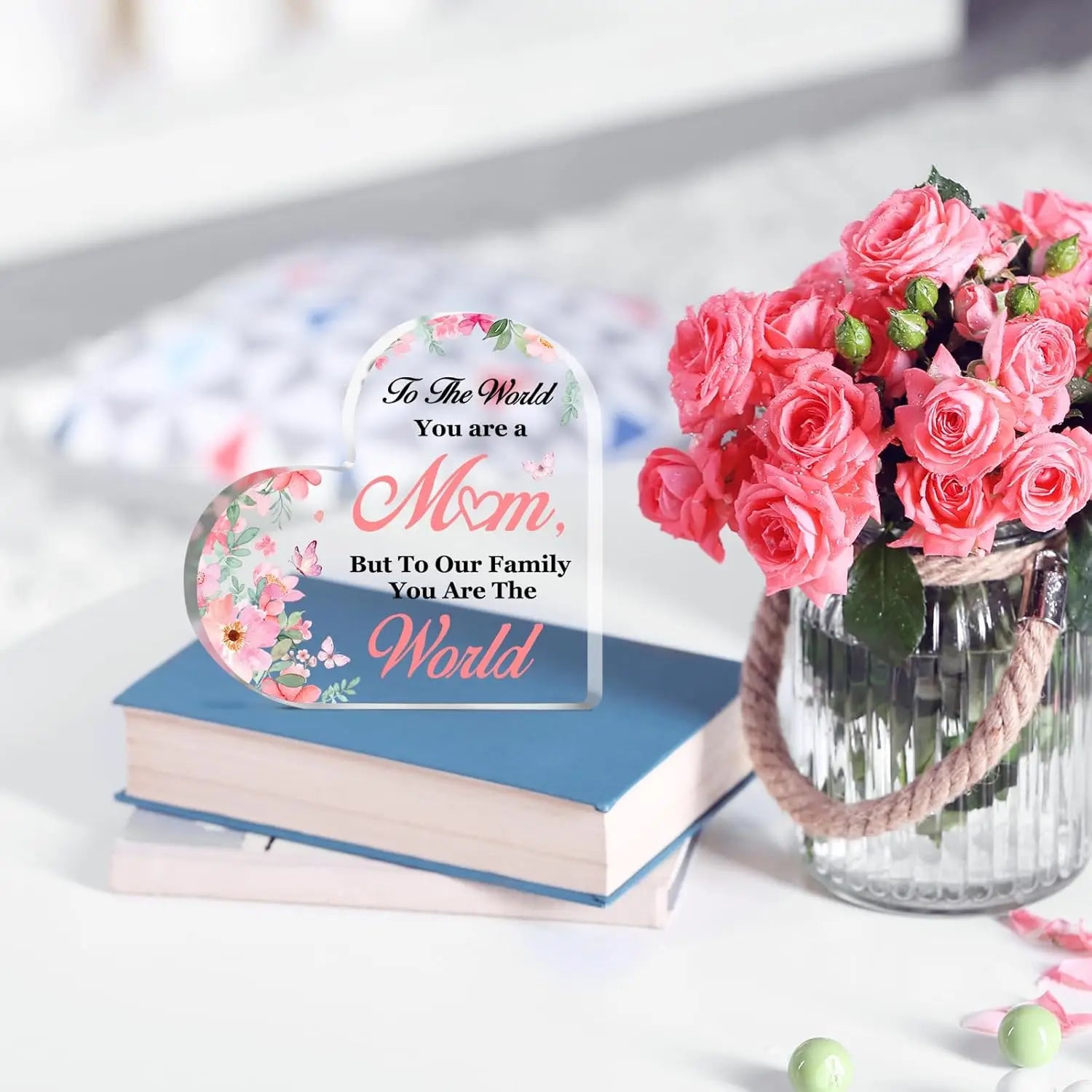 Plaque Décorative Cœur "Love Mom" – Cadeau Fête des Mères & Anniversaire