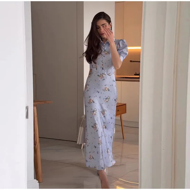 Robe Midi Imprimée Col V Profond — Manches Bouffantes, Taille Haute, Soirée 2026
