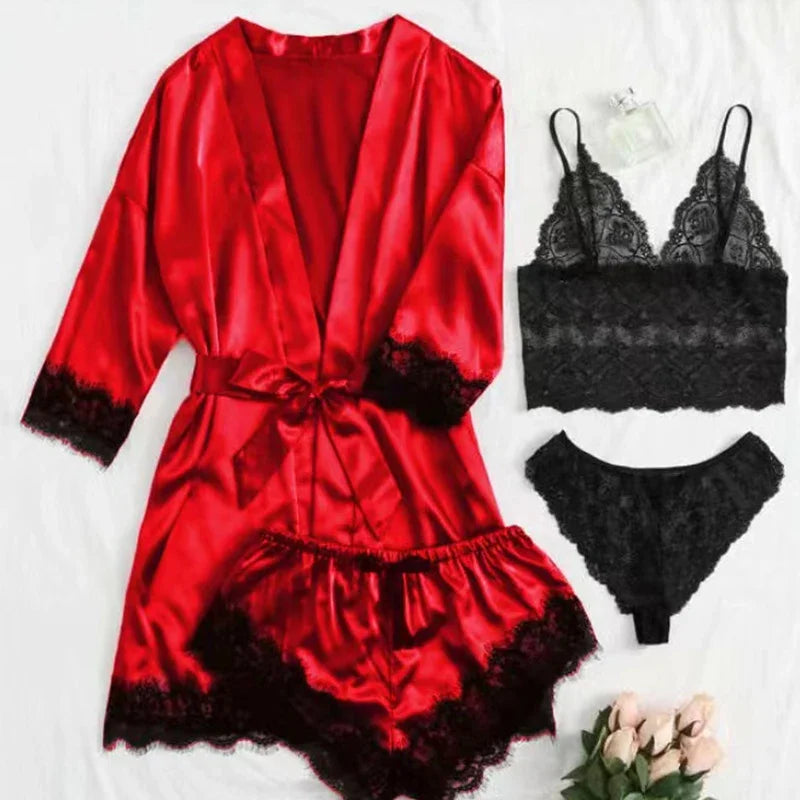 Ensemble Lingerie Femme 4 Pièces Dentelle — Nuisette, Short, Robe de Chambre, Sexy