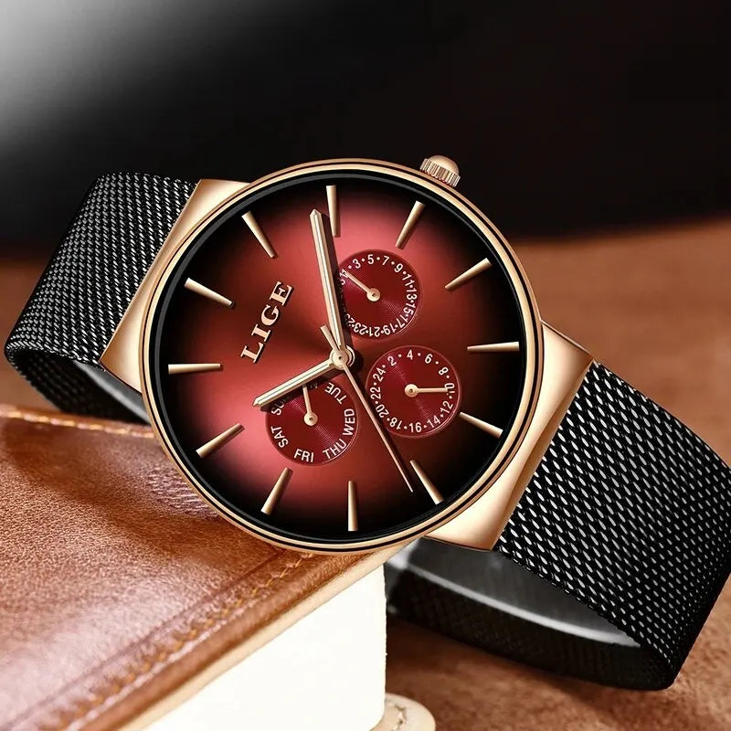 Montre Homme LIGE Luxe Quartz — Maille Acier Ultra-Fine, Étanche, Sport