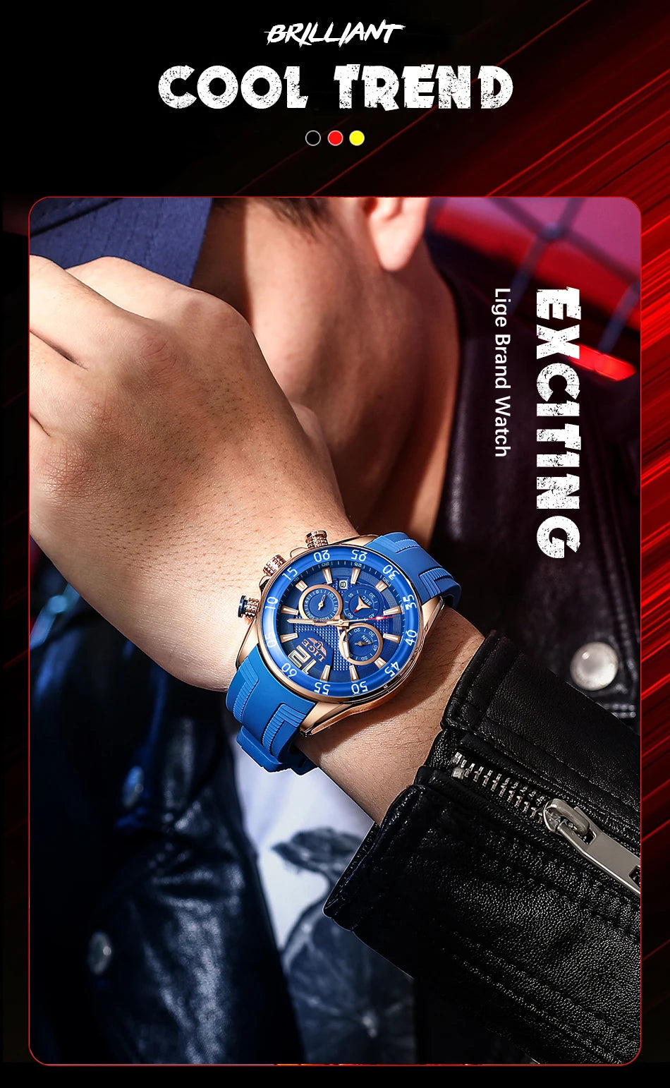 Montre Homme LIGE Sport Rouge Silicone — Étanche, Chronographe Quartz, Luxe