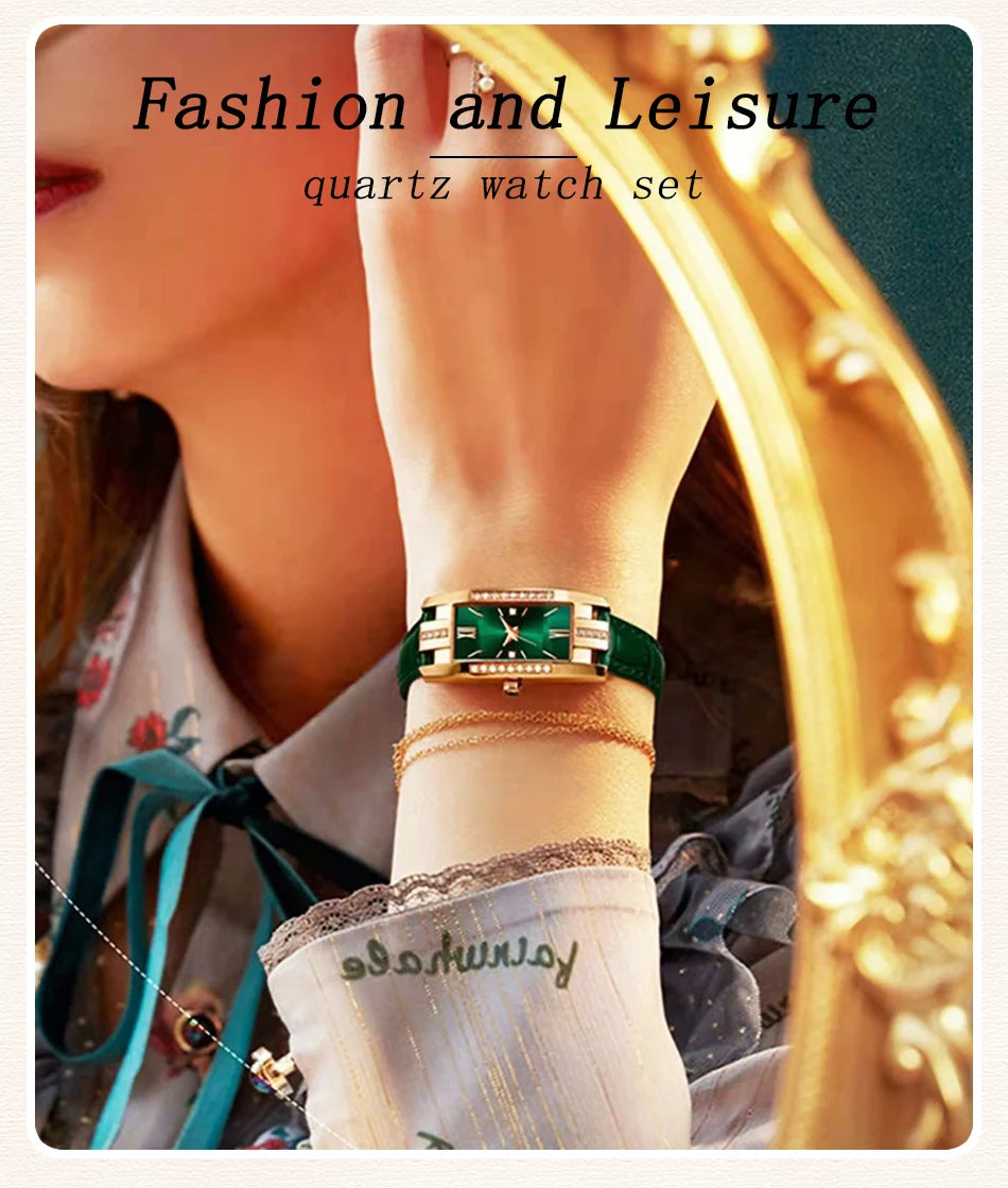 Montre Femme Carrée Quartz — Bracelet Cuir Vert, Cadran Simple, Luxe Fashion