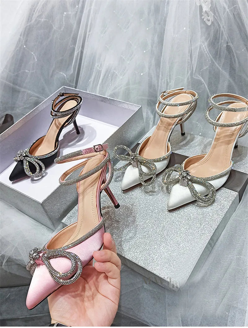 Escarpins Glitter Strass Noeud Soie Talon Fin — Bout Pointu, Boucle, Soirée Prom 2025