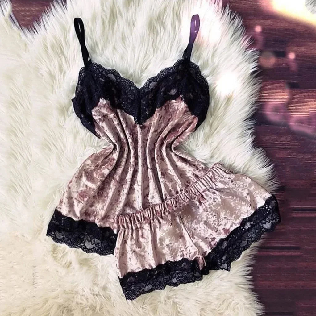 Pyjama Femme Dentelle Satin 2 Pièces — Top Court & Short, Sexy Lounge Été