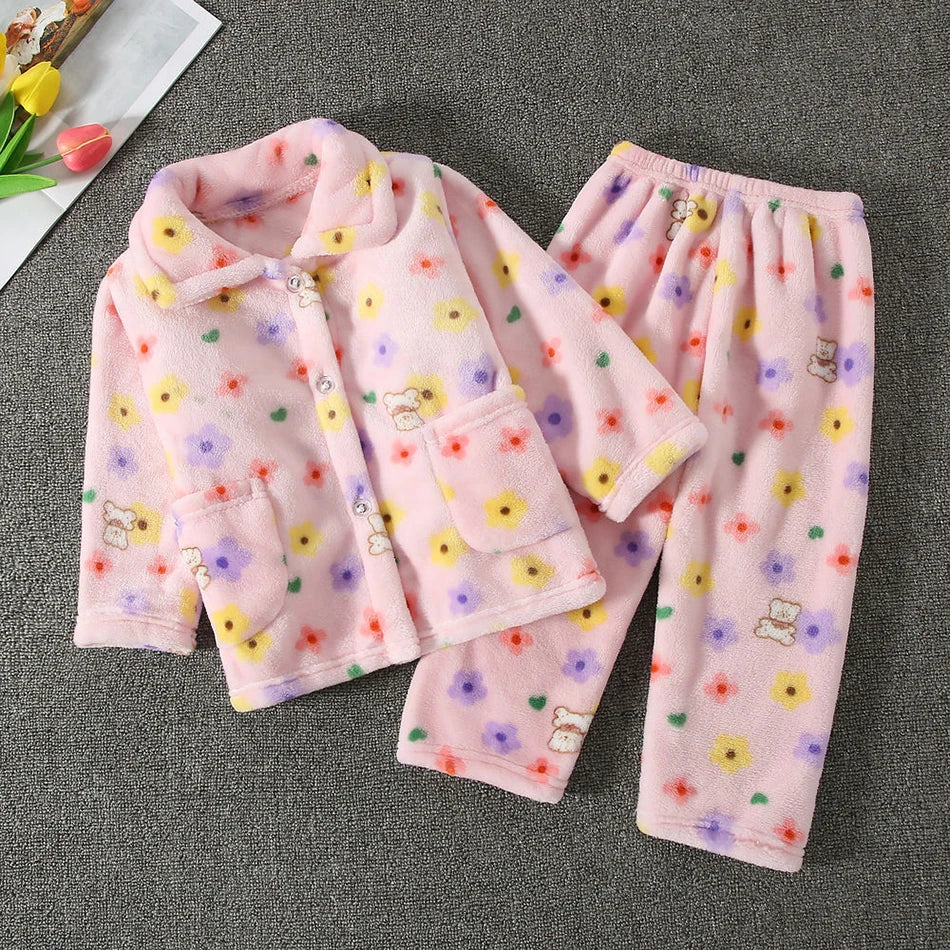 Pyjama Enfant Polaire Cartoon — Manches Longues, Chaud Hiver, Garçon & Fille