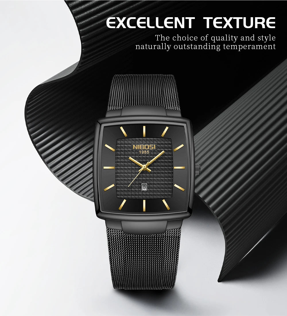 NIBOSI Montre Homme Luxe Carrée Quartz — Maille Ultra-Fine, Étanche, Lumineux