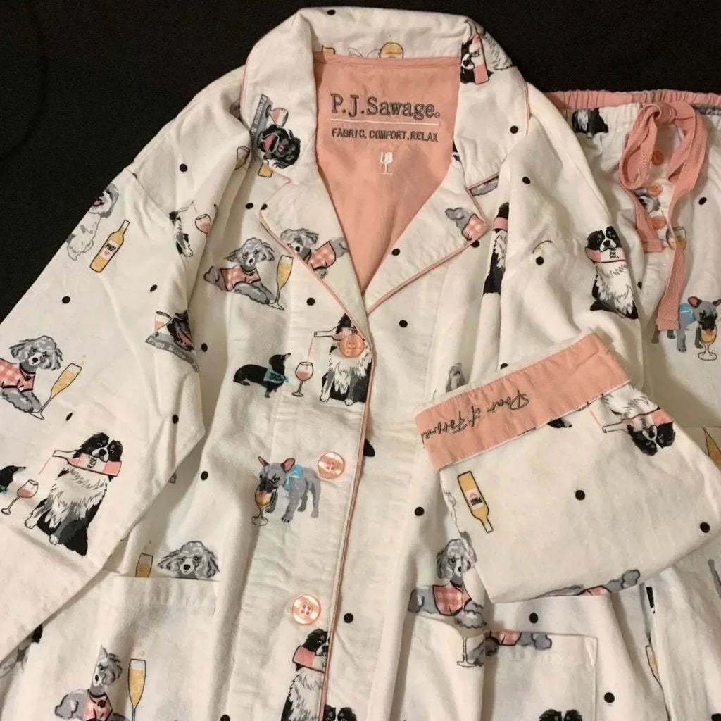 Ensemble Pyjama Femme Coton — Imprimé Cartoon Mignon, 2 Pièces, Manches Longues, Automne