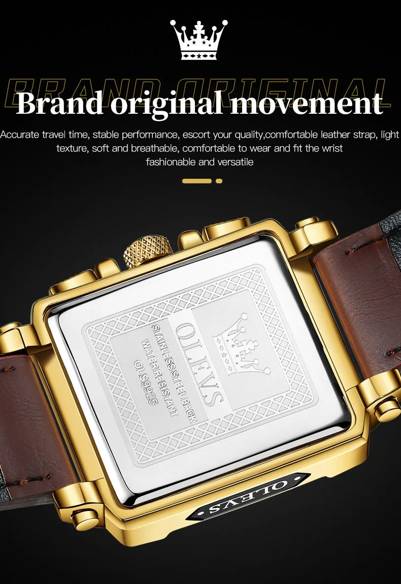 Montre Homme OLEVS Carrée Luxe Quartz — Étanche, Lumineux, Chronographe, Relogio