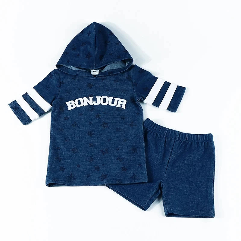 Ensemble 2 pièces bébé garçon – T-shirt manches courtes effet denim & short coton élastique, tenue été 1-3 ans