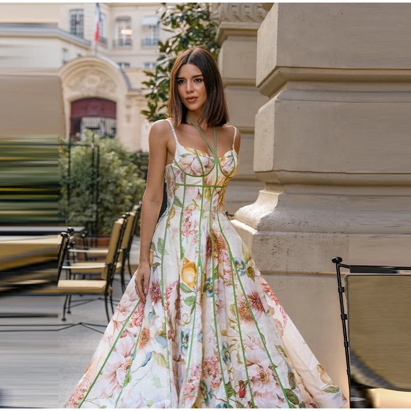 Robe Maxi Halter Corset Imprimé Floral 2026 — Sans Manches, Ligne A, Soirée Élégante