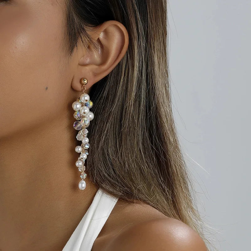 Boucles d'Oreilles Clip Perle Simulée Bohème — Longues Franges, Style Mariage & Banquet