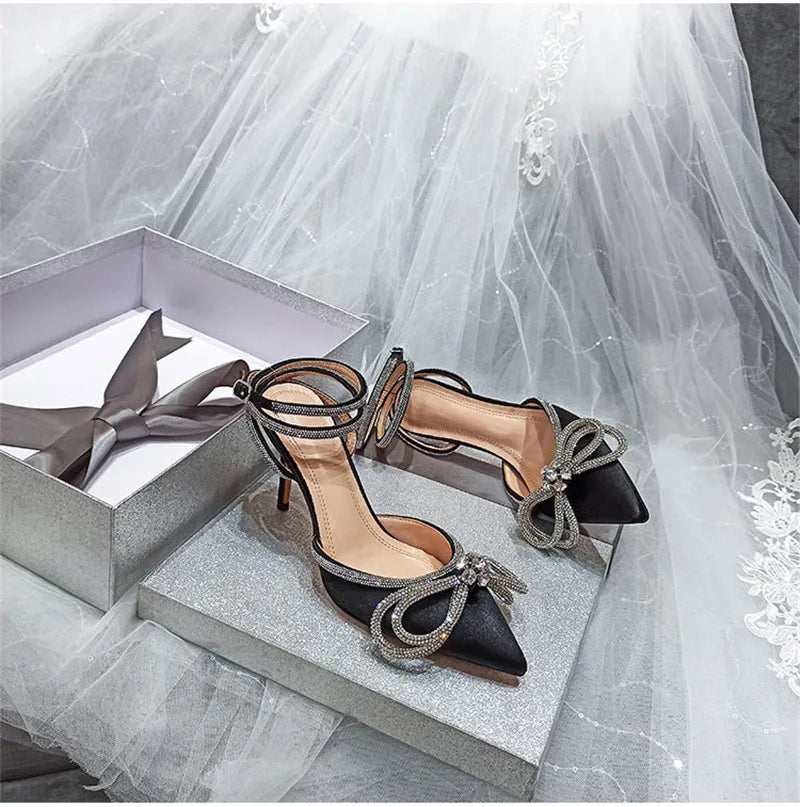 Escarpins Glitter Strass Noeud Soie Talon Fin — Bout Pointu, Boucle, Soirée Prom 2025