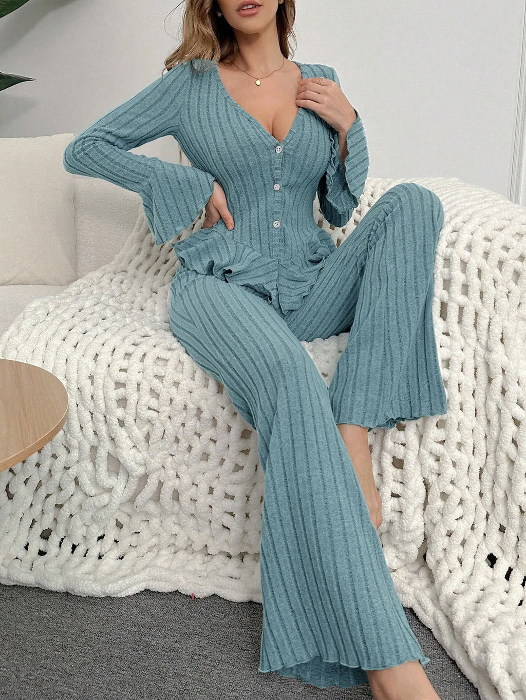 Ensemble Pyjama Femme Hiver — Manches Longues, Col V, Pantalon Long, Chaud & Confortable