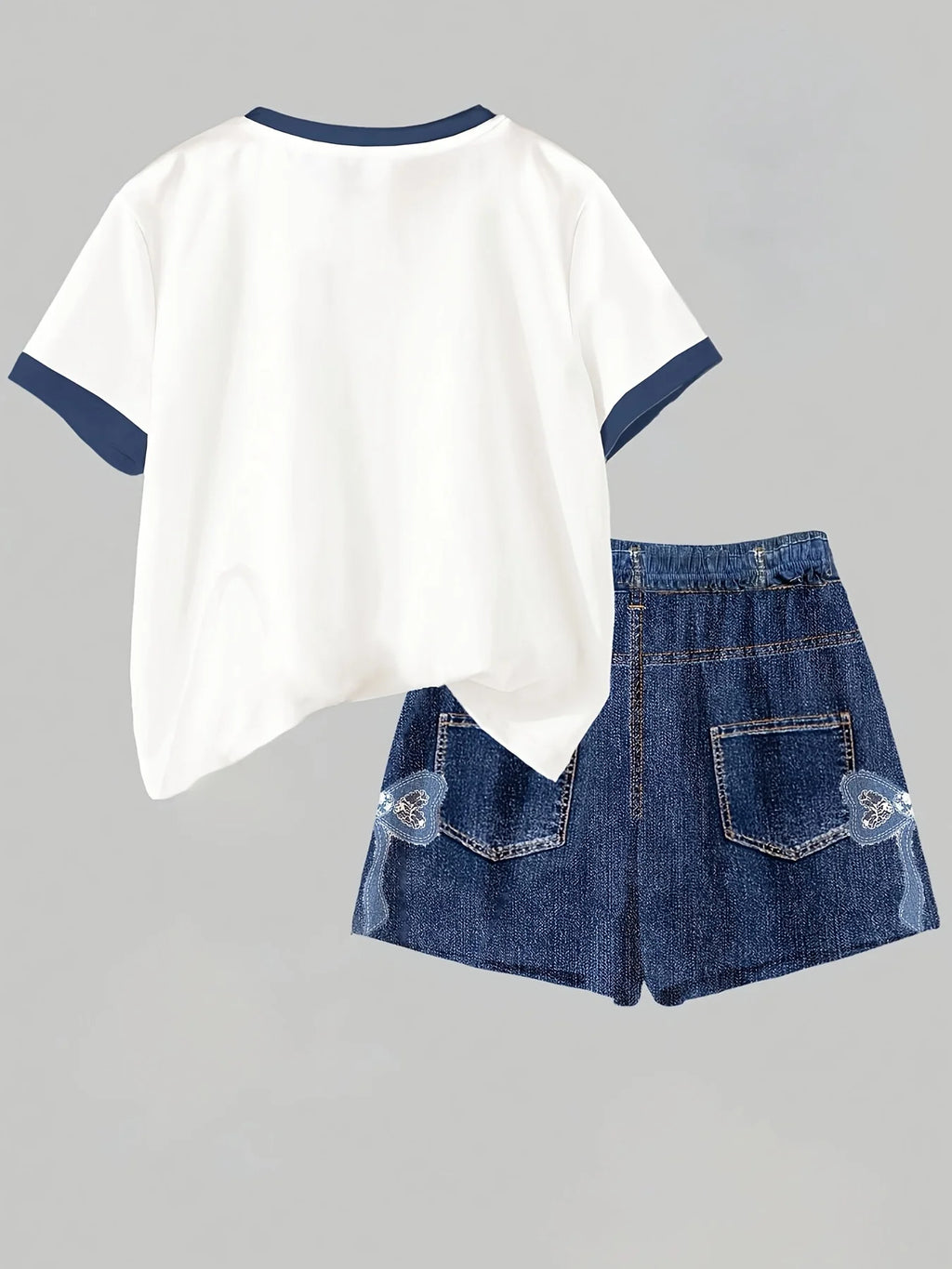 Ensemble 2 pièces filles – T-shirt imprimé nœud & short taille haute effet jean, 8-12 ans