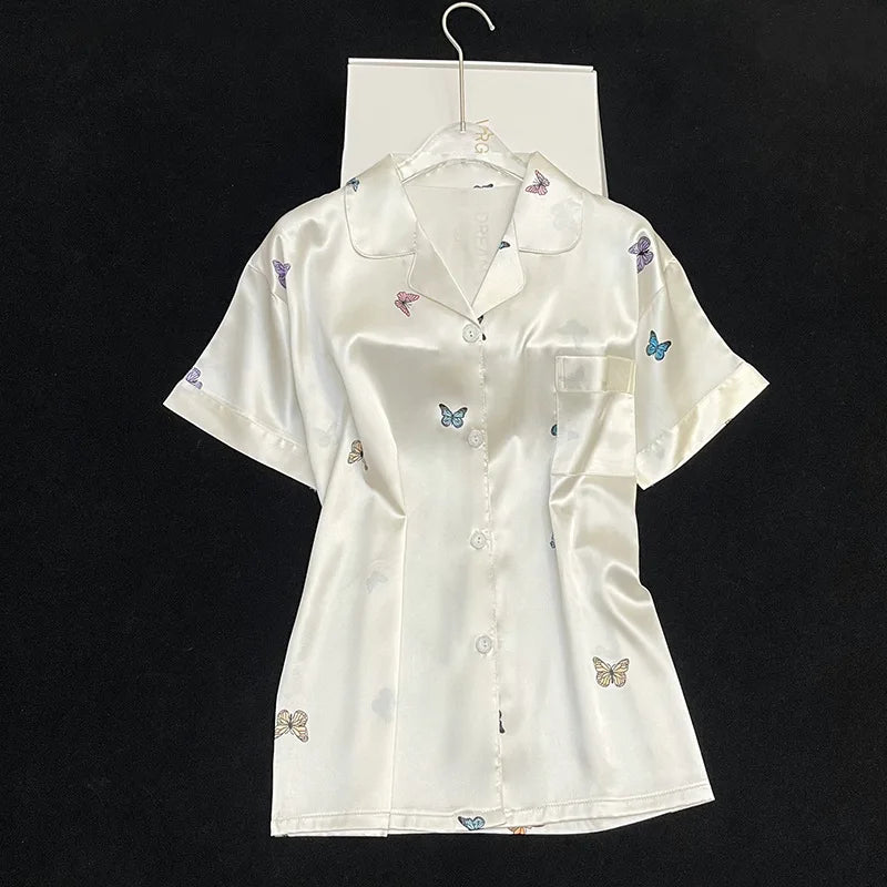 Ensemble Pyjama Femme 2 Pièces Imprimé Papillon — Satin Soie, Manches Courtes, Été