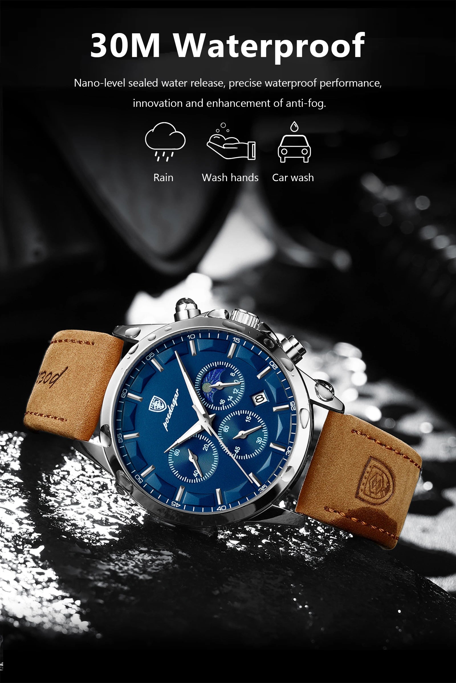 POEDAGAR Montre Homme Luxe Chronographe Cuir — Étanche, Lumineuse, Date, Sport Militaire