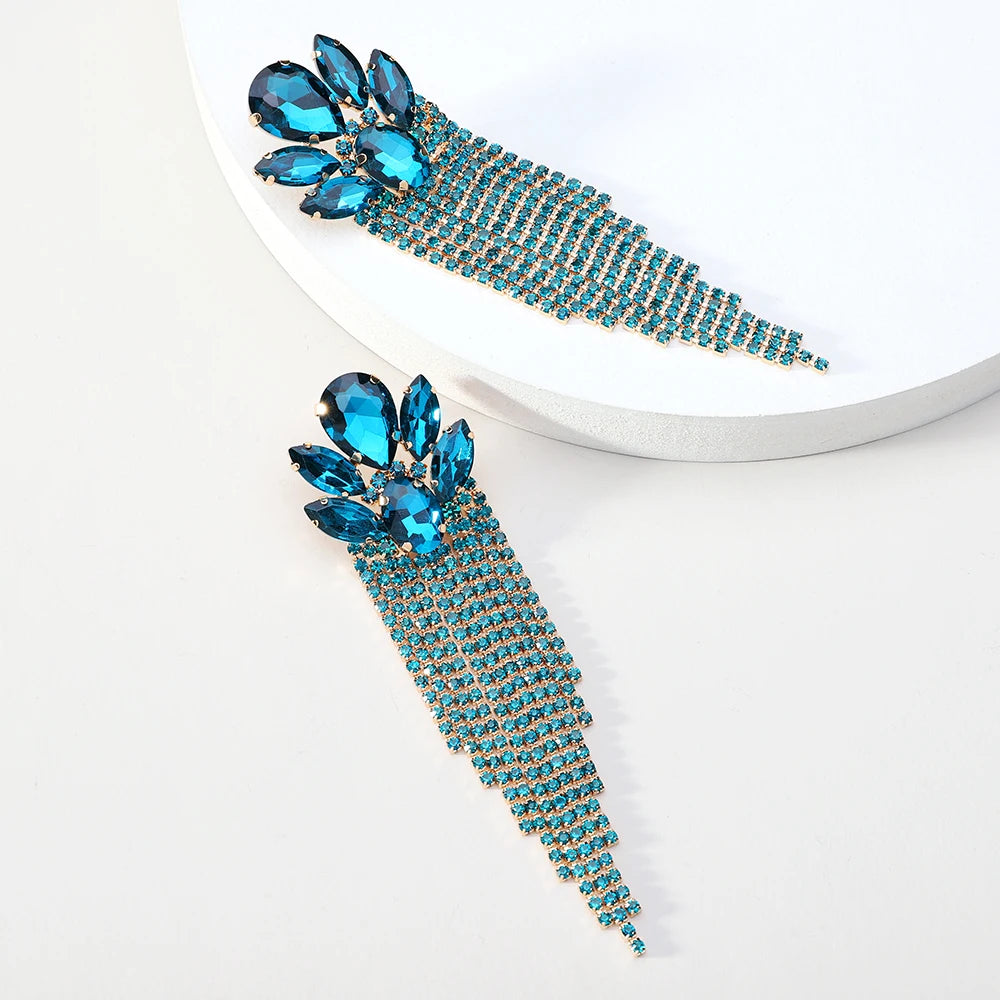 Boucles d'Oreilles Longues Pendantes Cristal Verre Femme — Franges Luxe, Cadeau Bijou