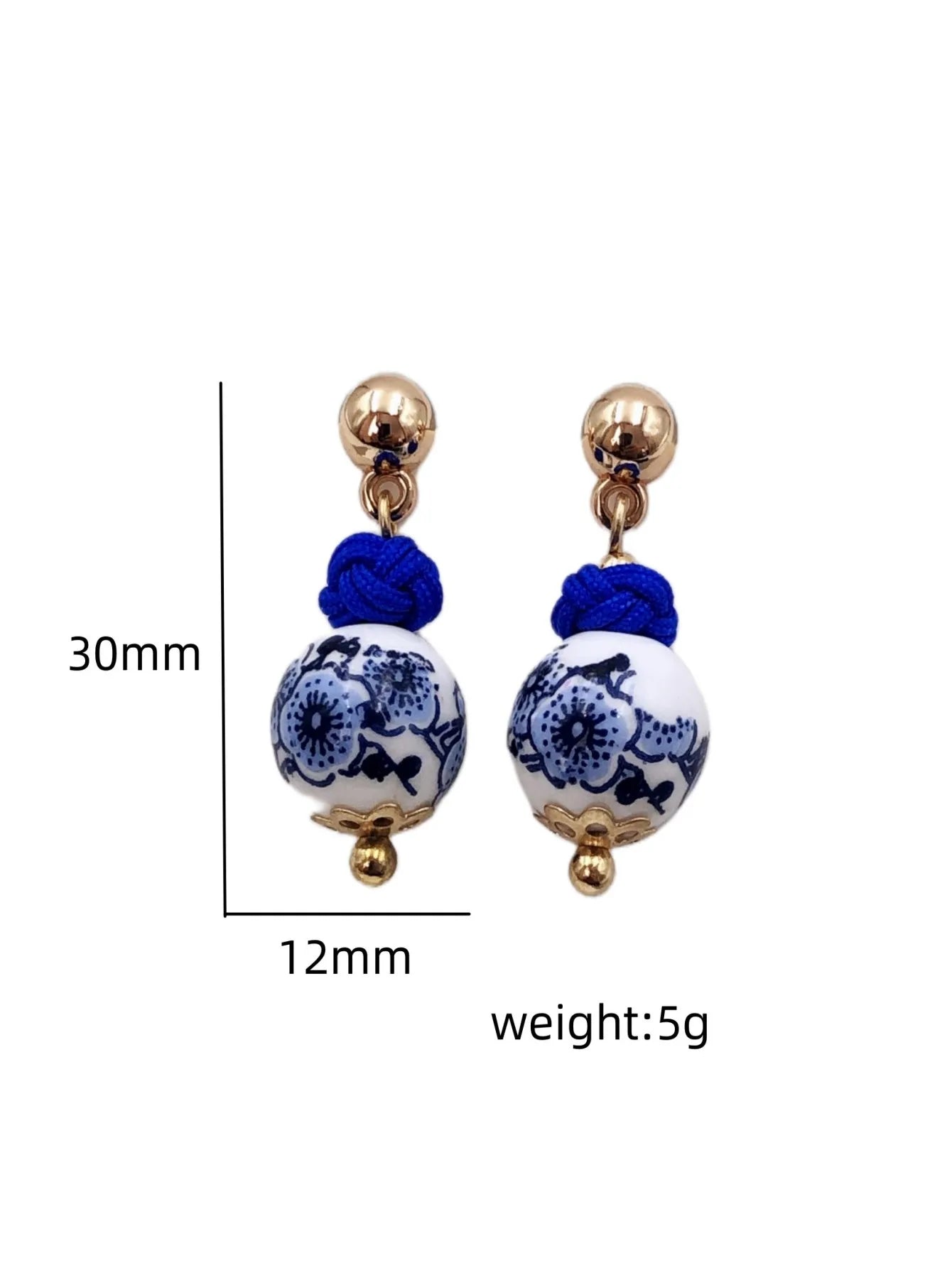 Boucles d'Oreilles Clou Céramique Style Chinois — Porcelaine Bleu & Blanc, Femme