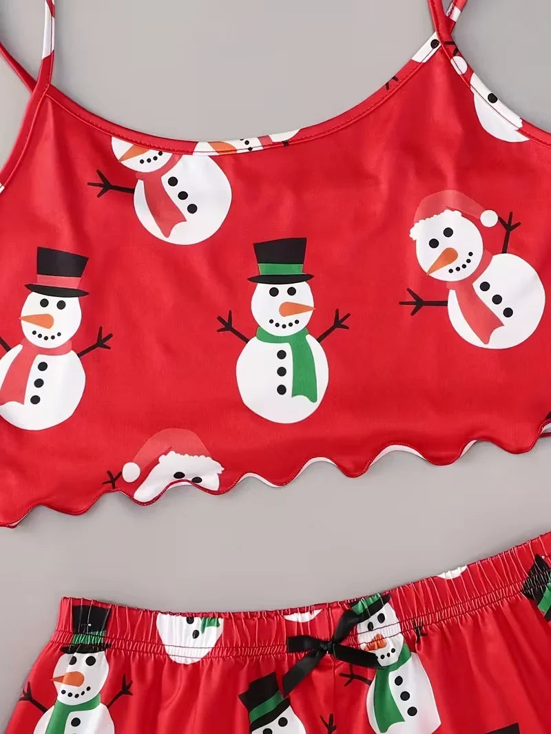 Pyjama Femme Noël Bonhomme de Neige — Bretelles, Col Rond, Top & Short Lounge