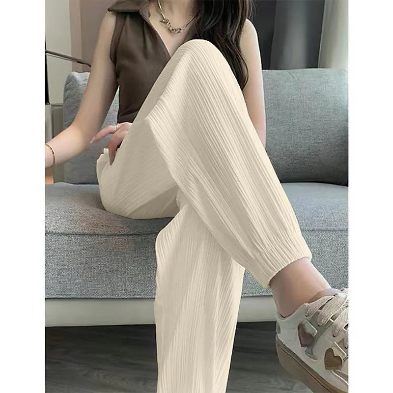 Pantalon Femme Soie Glacée Casual — Taille Élastique Couleur Unie