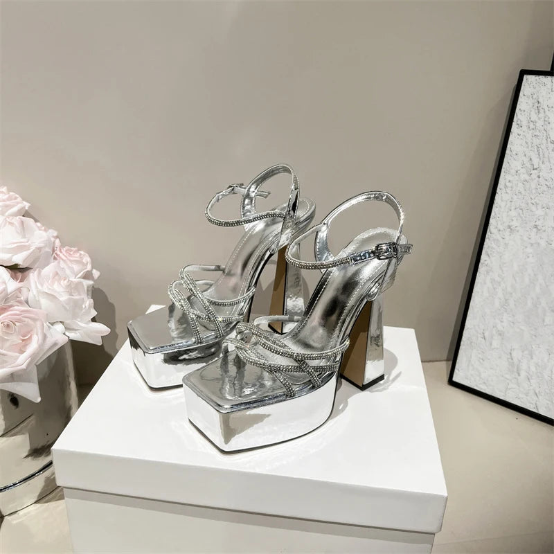 Sandales Plateforme Strass Talon Épais Femme — Bout Ouvert, Mariage Soirée