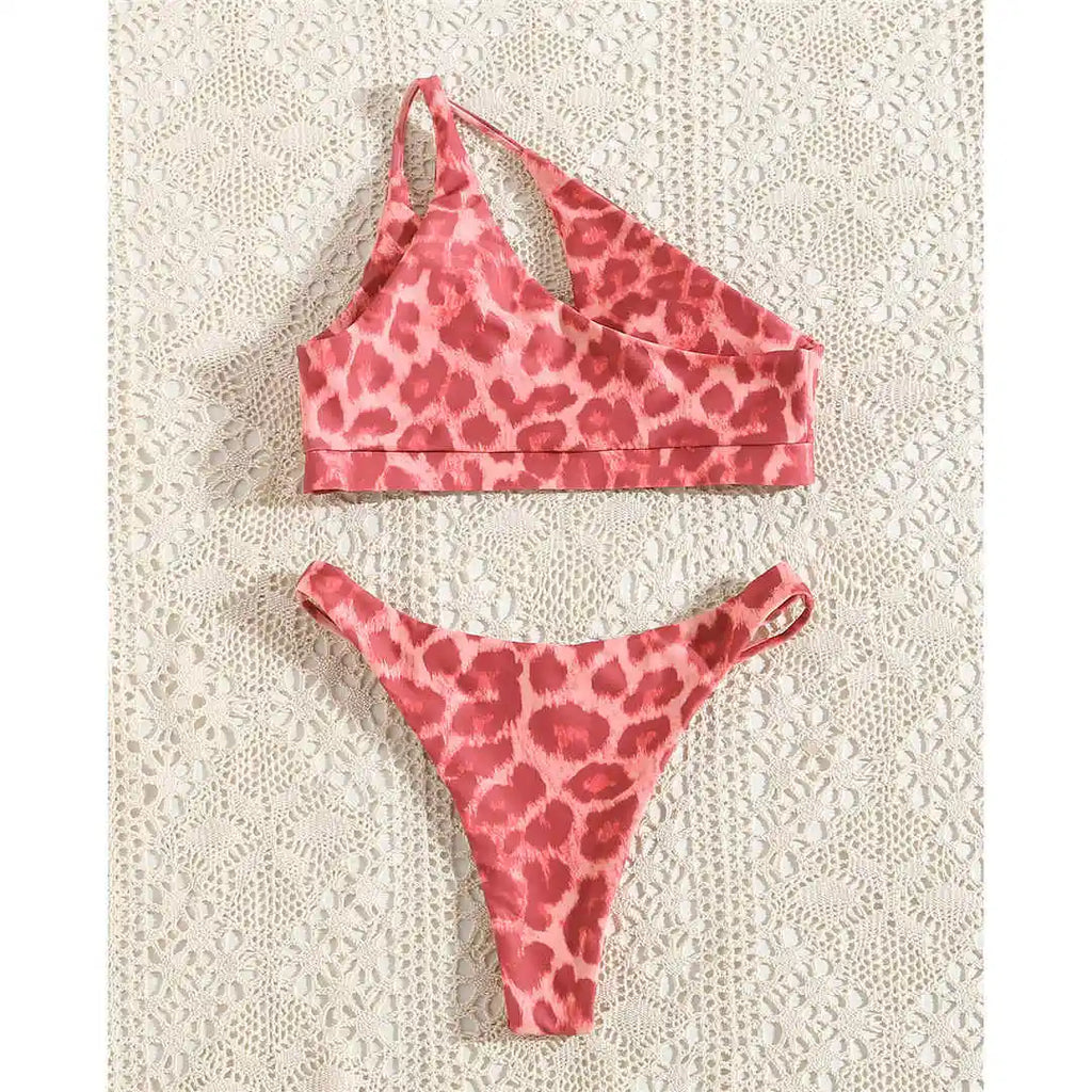 Bikini Léopard Asymétrique Femme — Une Épaule, Maillot de Bain 2 Pièces