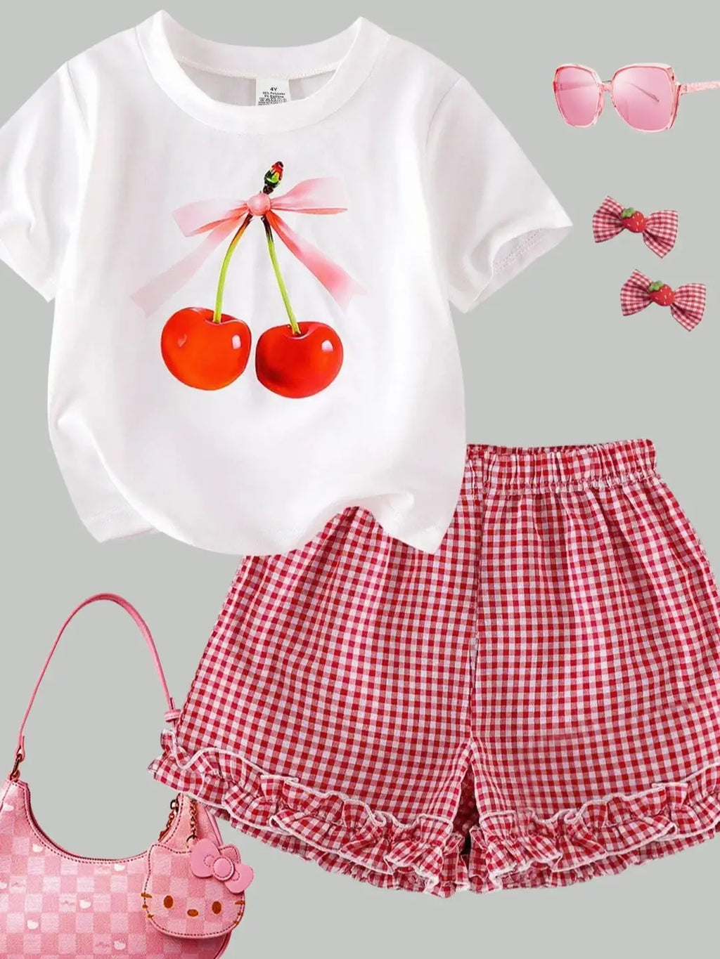 Ensemble 2 pièces filles – Haut manches courtes imprimé cerises & short à carreaux avec dentelle, col rond, été