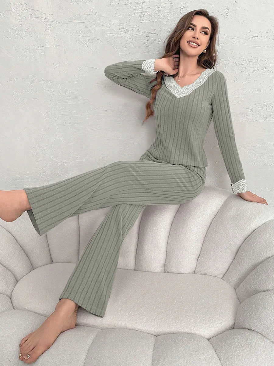 Ensemble Pyjama Femme Hiver — Manches Longues, Col V, Pantalon Long, Chaud & Confortable