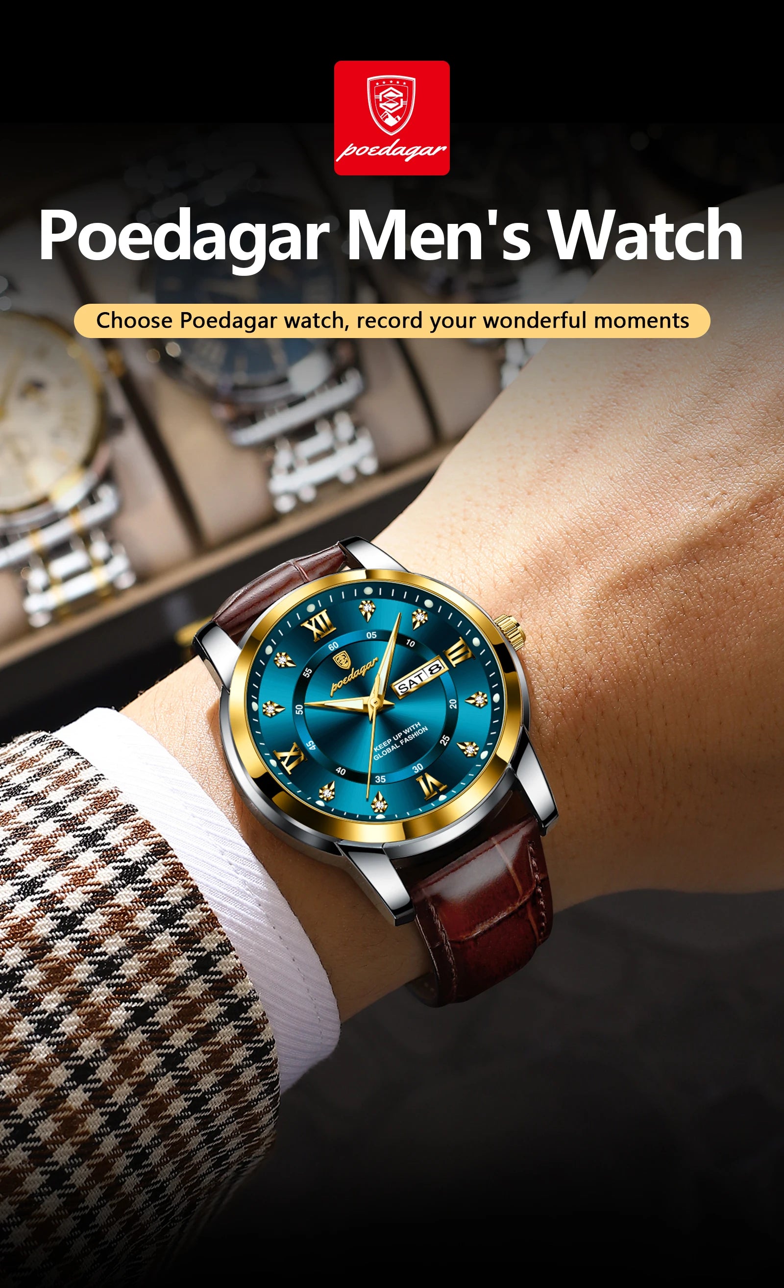 POEDAGAR Montre Homme Cuir Luxe — Quartz Élégant, Bracelet Cuir, Top Qualité