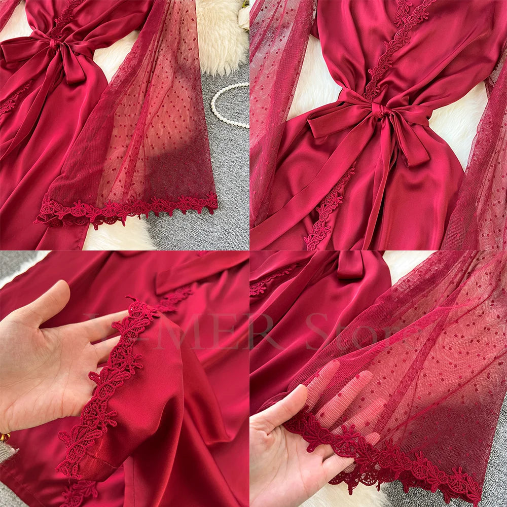 Robe de Chambre Kimono Dentelle Broderie — Longue, Satin Soie, Mariage & Nuit